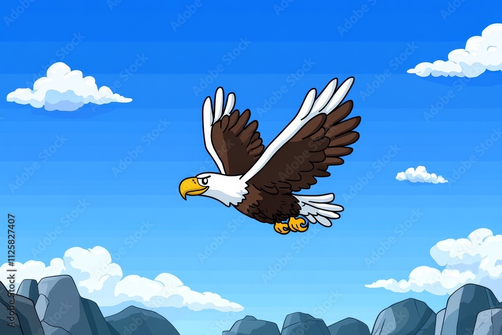 Poster A pixel art depiction of an eagle flying over a rugged mountain range, with animated flapping wings and a retro 8-bit style