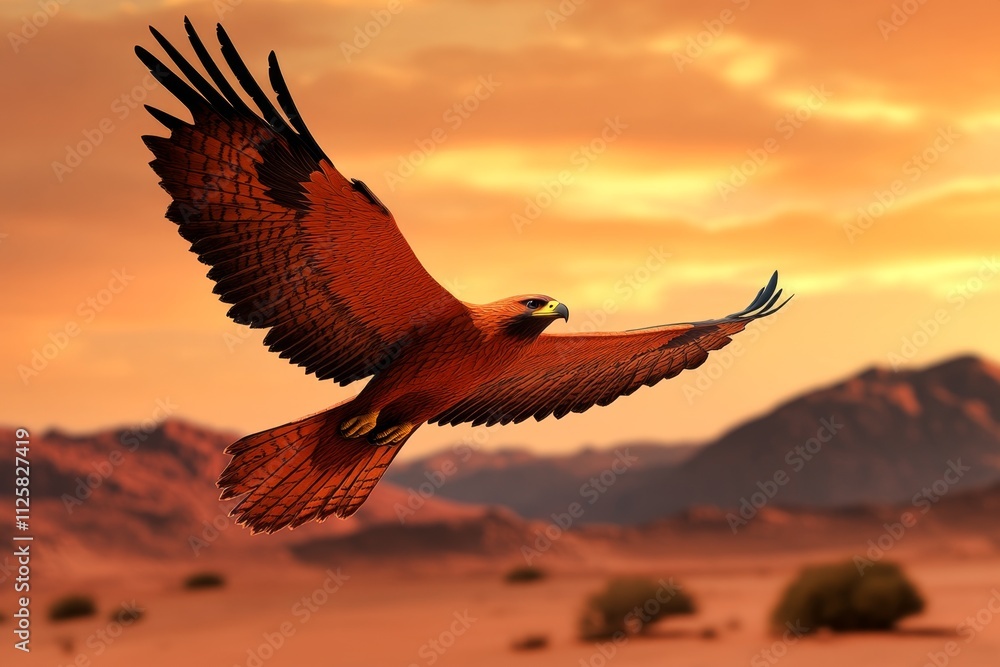 Poster A pixel art depiction of an eagle flying over a rugged mountain range, with animated flapping wings and a retro 8-bit style