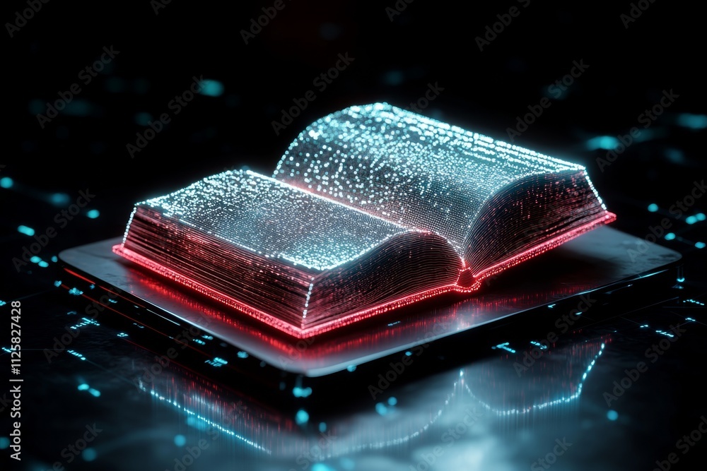 Poster A pixel art depiction of an ebook reader with animated, glowing text, surrounded by tiny pixelated book icons and retro aesthetics