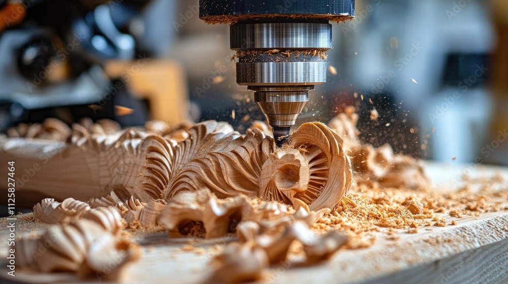 Poster intricate wood carving process with cnc router creating shavings