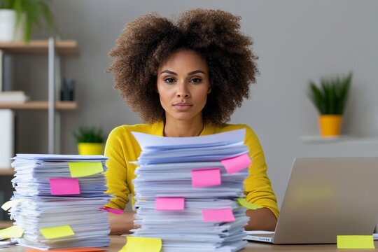 A proofreader intensely focused on a thick stack of papers, with highlighters, sticky tabs, and notes scattered across the desk