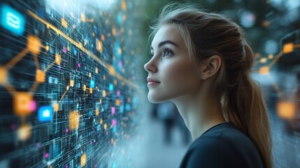 Caucasian Woman Contemplating Animated Digital Interfaces of Online Services and Emerging Technologies