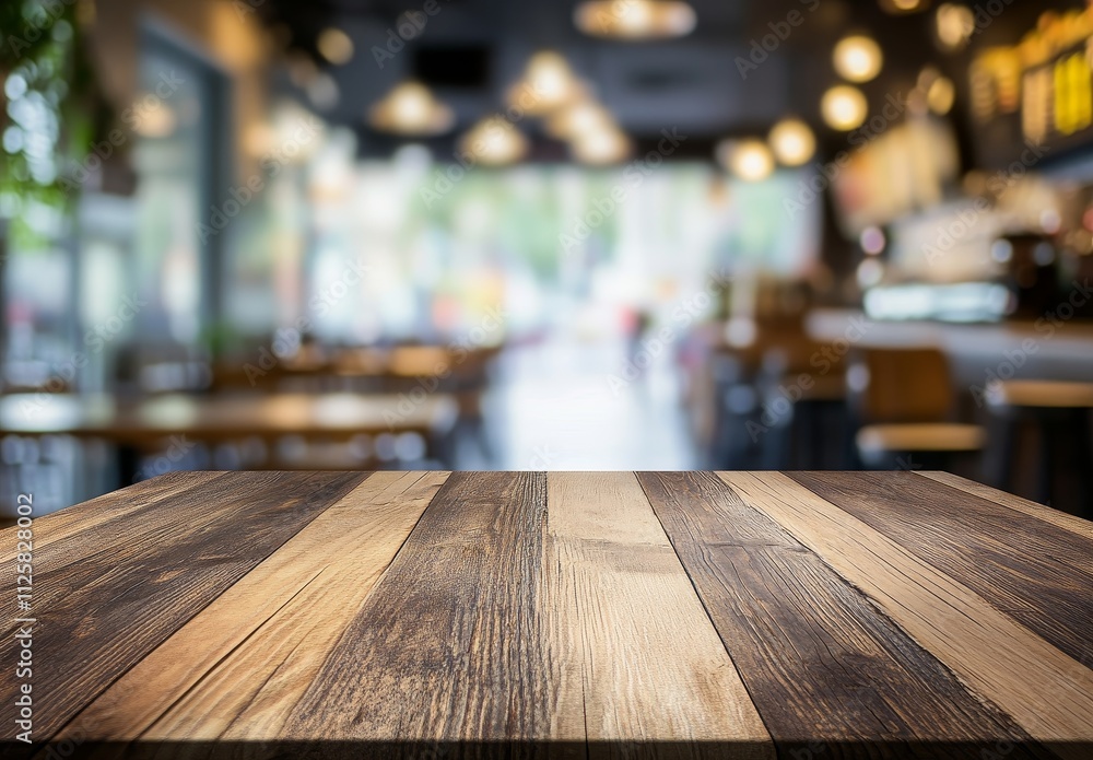 Poster empty wooden table in blurred cafe background. (1)