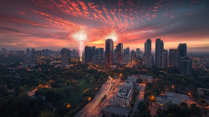 Fototapeta premium Urban Skyline at Night with Spectacular Fireworks Display