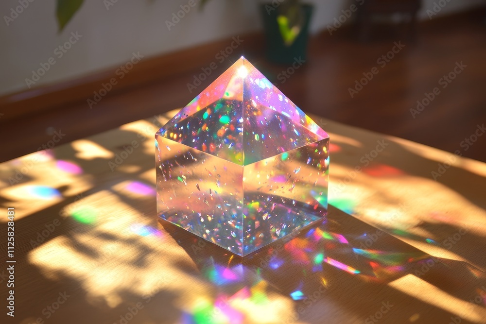 Poster Stunning Clear Prism on Table Creating Colorful Light Reflections in Sunlit Room with Soft Shadows and Vibrant Rainbow Patterns on Surface