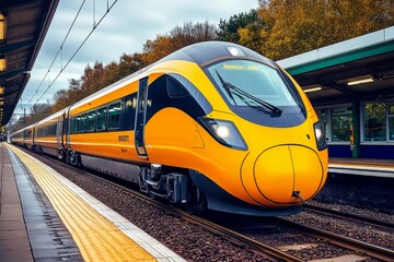 Fototapeta premium A serene photo of a streamlined high-speed train gliding through a countryside, representing transport efficiency