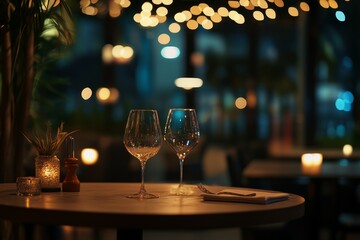 Romantic dinner for two at a dimly lit restaurant with wine glasses on a table.