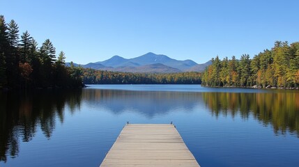 Fototapeta premium Serene Lake View with Dock and Majestic Mountain Background