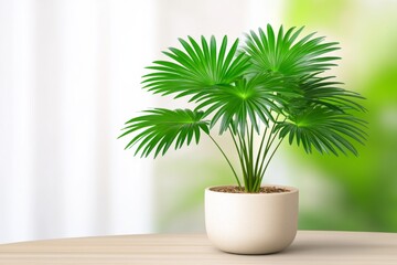 A small dwarf palm tree growing in a sandy pot, placed on a wooden table with soft morning light streaming in