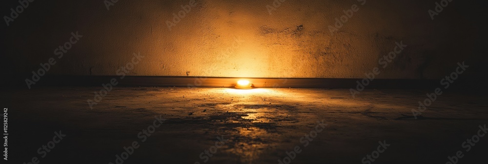 Poster in a dimly lit room, a small light source gently illuminates the floor, highlighting the sense of ab