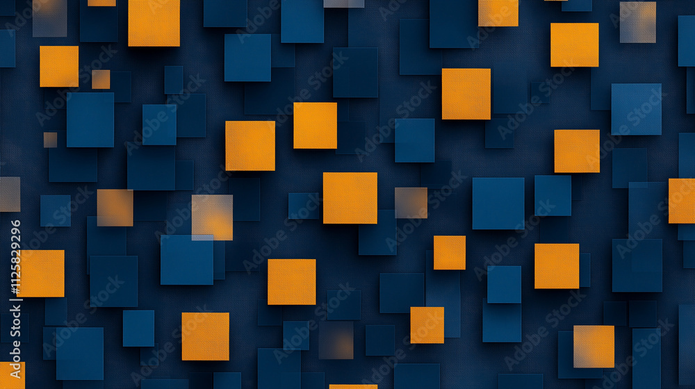Poster abstract blue and orange cubes pattern: a dynamic, abstract background featuring a scattered array o