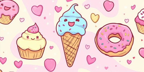 A whimsical illustration featuring cute desserts like cupcakes, ice cream, and donuts.