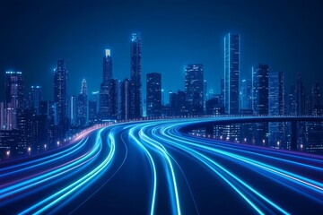 Fototapeta premium Stunning Night View of a Modern City Skyline with Lit Highways and Skyscrapers at Twilight, Showcasing Urban Life and Dynamic Movement of Traffic