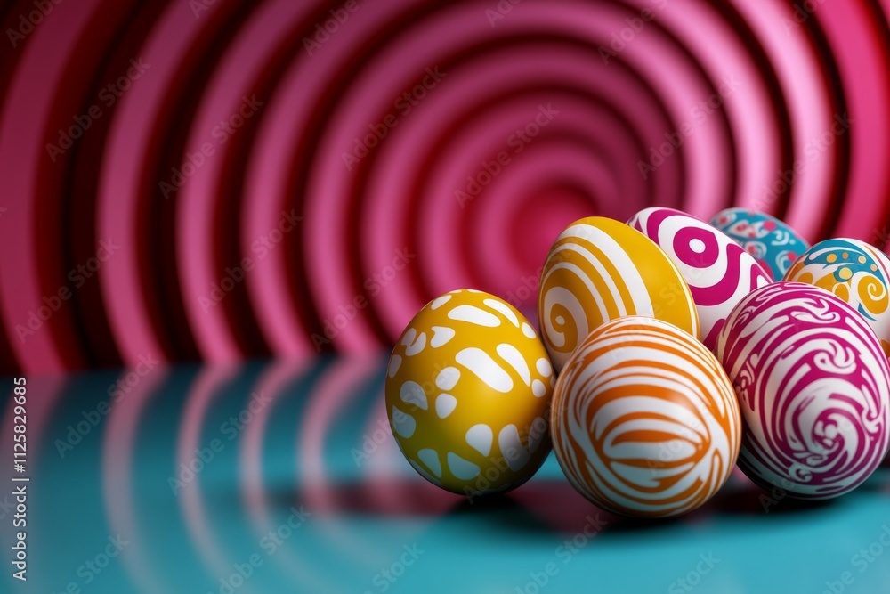 Poster A vibrant 3D rendering of colorful Easter eggs arranged in a spiral, with glowing patterns and reflections creating a dynamic visual effect