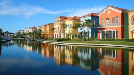 Colorful Waterfront Homes with Reflection in Calm Water at Sunrise