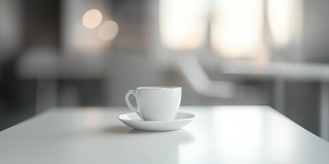 Single cup of coffee on a white table in a blurred cafe.