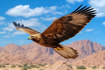 A vibrant image of a golden eagle soaring over a mountain range, its feathers glinting in the sunlight