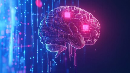 A digital brain combines seamlessly with circuits and holographic projections, showcasing the fusion of human intelligence and artificial systems. Generative AI