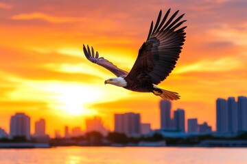 Obraz premium A vibrant image of an eagle flying above a cityscape, its powerful wings cutting through the sky