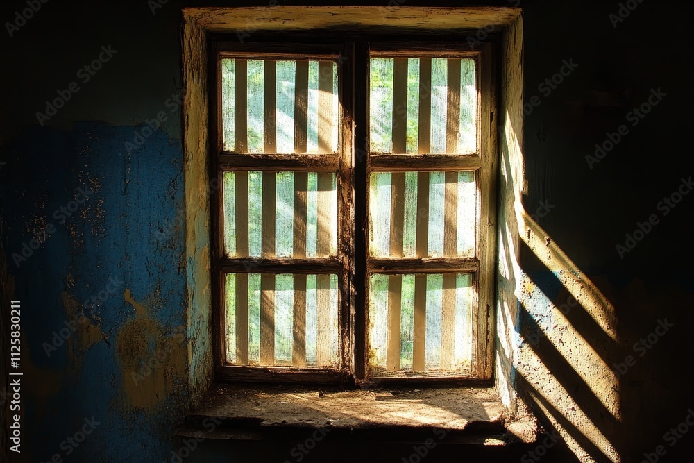 Poster sunlight streaming through an old wooden window with vertical bars, casting intriguing shadow patter