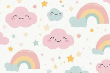 A whimsical pattern featuring smiling clouds, rainbows, and stars, perfect for children's decor.