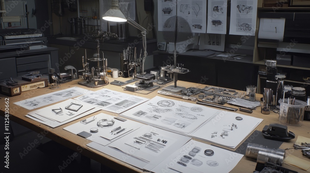Poster detailed workbench setup with technical drawings and tools