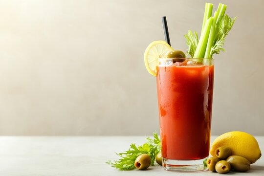 A classic Bloody Mary cocktail with vibrant red tomato juice, garnished with celery, olives, and a lemon wedge.Bloody mary.Bloody mary cocktail.Classic bloody mary.Spicy bloody mary.