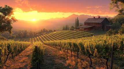 Fototapeta premium Scenic vineyard landscape at sunset with rolling hills and rustic barn for countryside themes