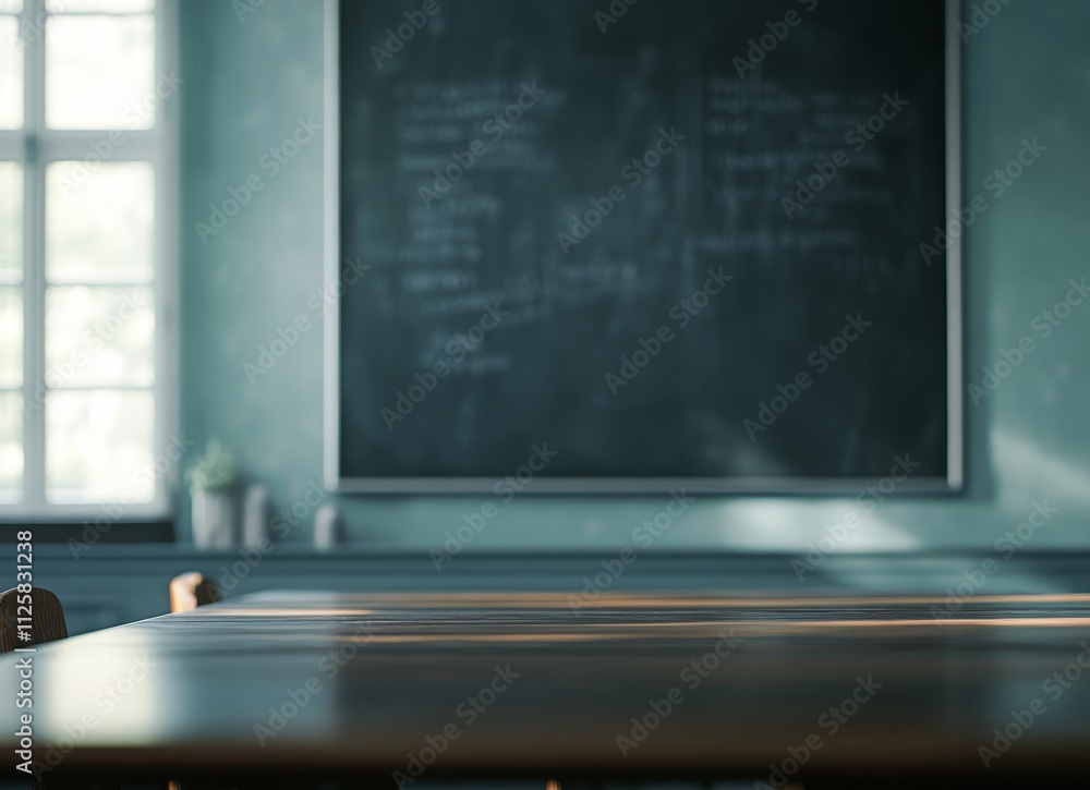 Poster Sunlit classroom table with chalkboard background.