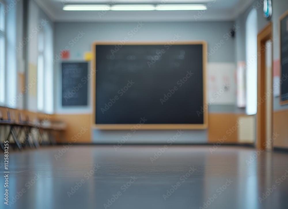 Poster Blurred image of empty classroom with chalkboard and chairs.