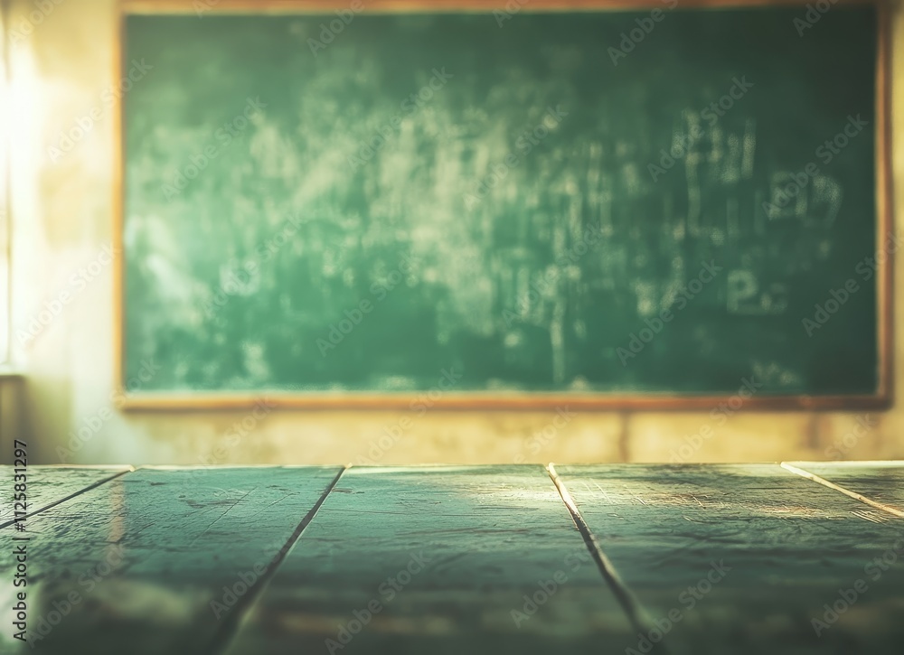 Poster empty wooden table in front of blurred chalkboard.