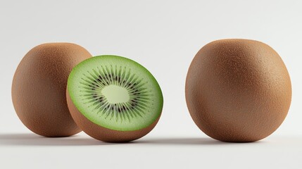 A kiwi fruit, sliced in half and one whole, on a white background