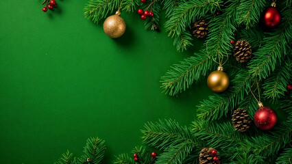 Fototapeta premium Festive Christmas Tree Branches Adorned with Ornaments on Green Holiday Background Illustration