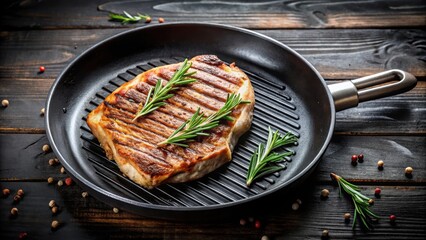 Grilled pork steak cooking in a sizzling frying pan, grilling, pork, steak, cooking, food, delicious, savory, hot, meal, cuisine