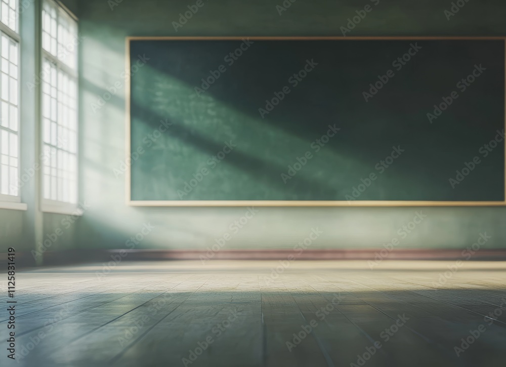 Poster Empty classroom with chalkboard and sunlight streaming through windows.