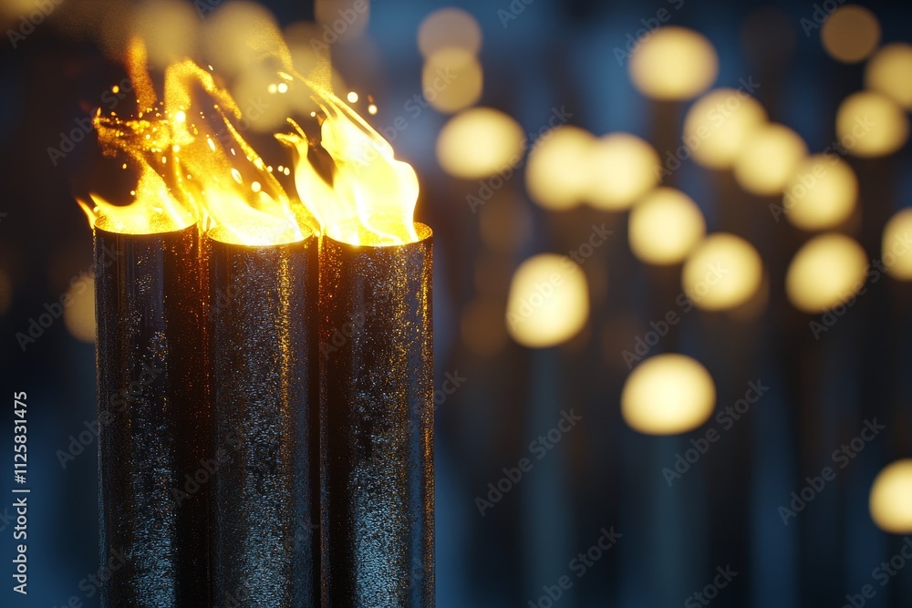 Poster three torches with flickering flames against a soft focused background of glowing lights, creating a