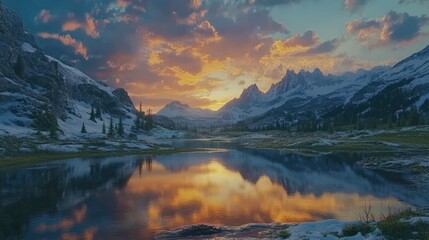 Obraz premium Majestic Mountain Landscape at Sunset with Reflective Lake
