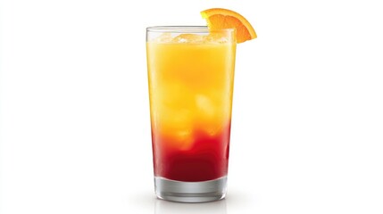 Colorful Layered Drink with Ice and Orange Garnish in Glass
