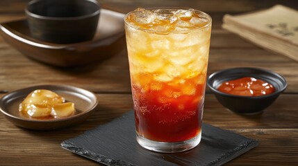 Refreshing Beverage with Ice and Colorful Syrups on Rustic Table