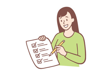 Smiling young woman with huge marker put mark on list in notebook. Happy girl with pen check boxes on paperwork in notepad. Hand drawn style vector design illustrations.