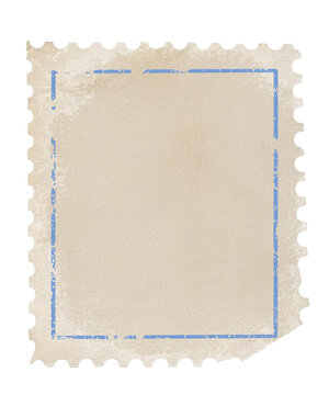 vintage postage stamp illustration with blue rectangle empty background distressed with copy space 