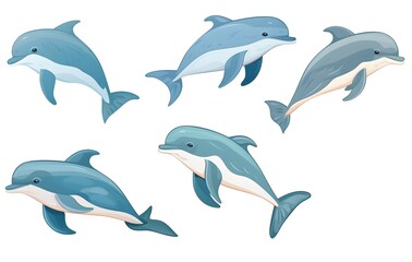 Fototapeta premium Collection of isolated dolphins on white background in illustration style.