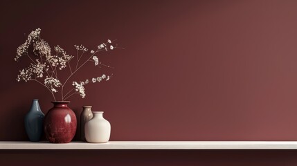 A sophisticated living area with a deep maroon wall, light ash floors