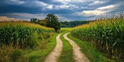 A winding dirt path through lush cornfields under a dramatic sky.