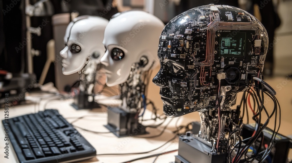 Poster advanced robot heads displaying circuitry and technology features