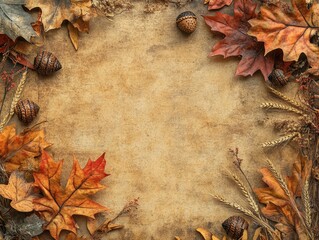 A rustic autumn-themed background with leaves, acorns, and wheat.