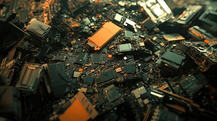 A chaotic pile of discarded electronic waste and circuit boards, representing the growing environmental issue of e-waste.