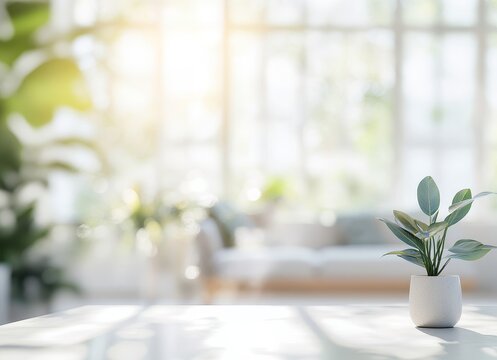 Sunlight illuminates a plant on a table in a bright, airy living room.