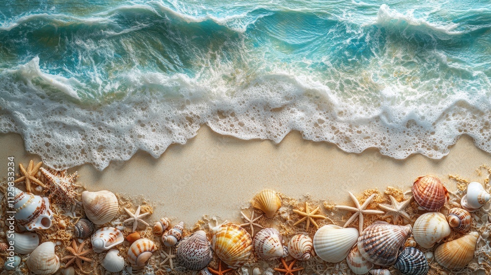Poster a serene beach scene with shells and waves gently lapping the shore.