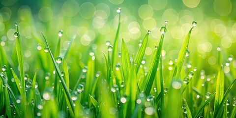 Fototapeta premium Vibrant green grass background with dew drops, nature, vibrant, fresh, growth, foliage, lush, greenery, environment, landscape